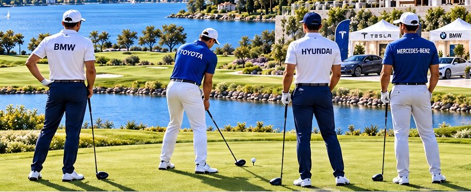 Corporate golf teams teeing off at a lakeside golf resort