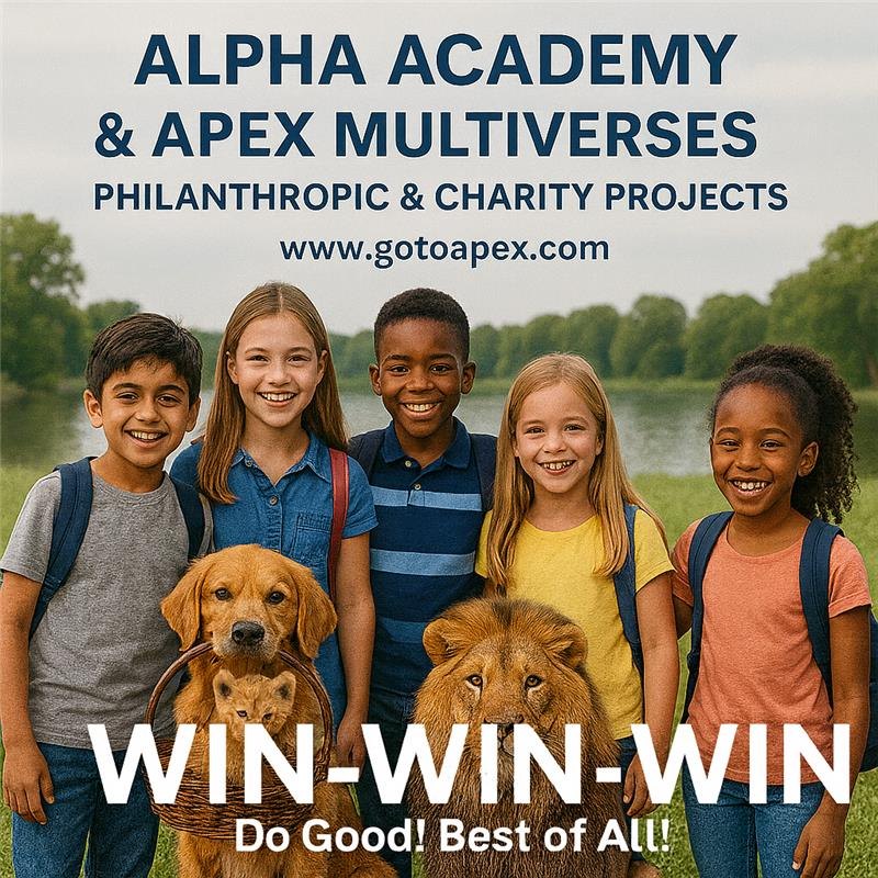 Alpha Academy and Apex Multiverses philanthropic and charity projects — five smiling children with a dog, a kitten and a lion cub. Win-Win-Win: Do good! Best of all!