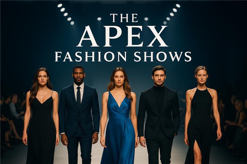 The Apex Fashion Shows — five models in black and royal blue evening wear on a lit runway.