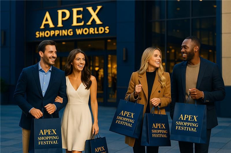 Four smiling shoppers with navy Apex Shopping Festival bags in front of the Apex Shopping Worlds store.