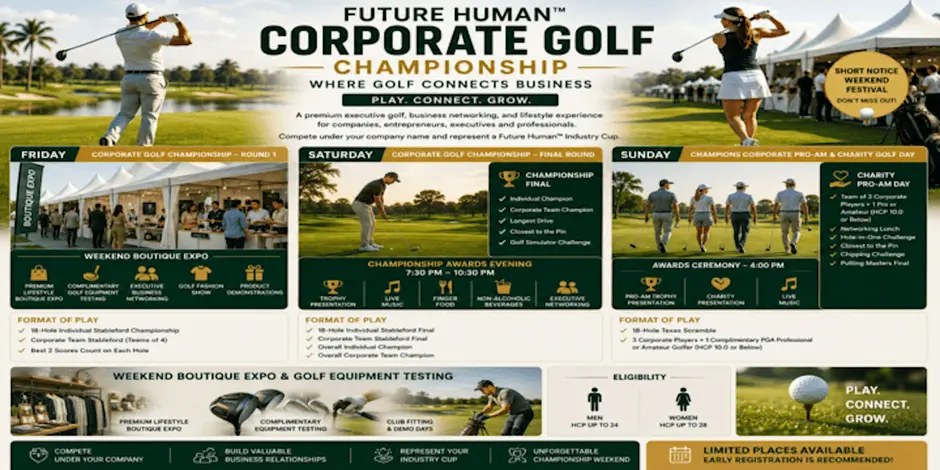 Future Human Corporate Golf Championship, Orlando — where golf connects business. Friday Round 1, Saturday Final Round and Awards Evening, Sunday Champions Corporate Pro-Am and Charity Golf Day.