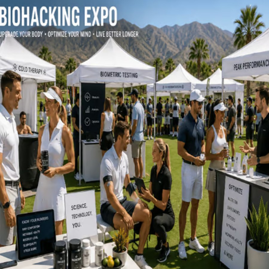 Biohacking expo outdoors: cold therapy, biometric testing and peak performance stands with visitors and experts