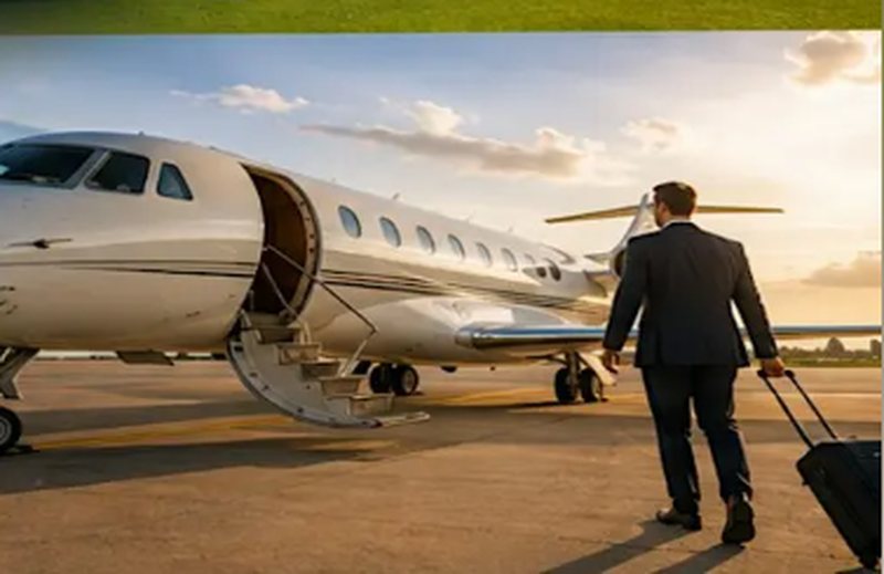 Executive boarding a private jet