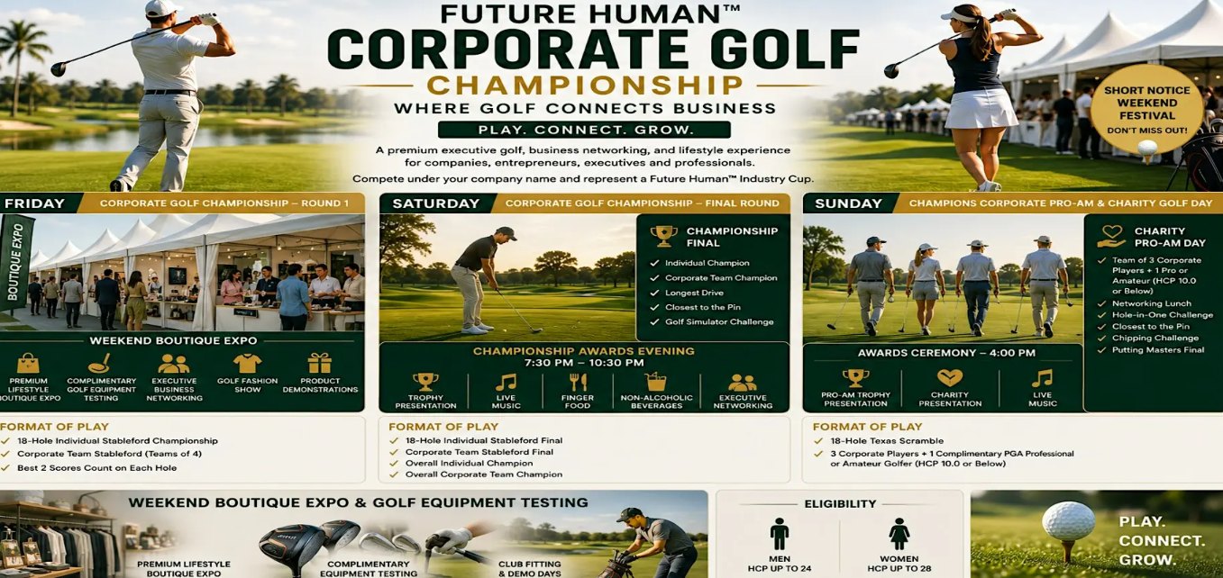 Future Human Corporate Golf Championship weekend: Friday Round 1, Saturday Final Round, Sunday Champions Corporate Pro-Am and Charity Golf Day