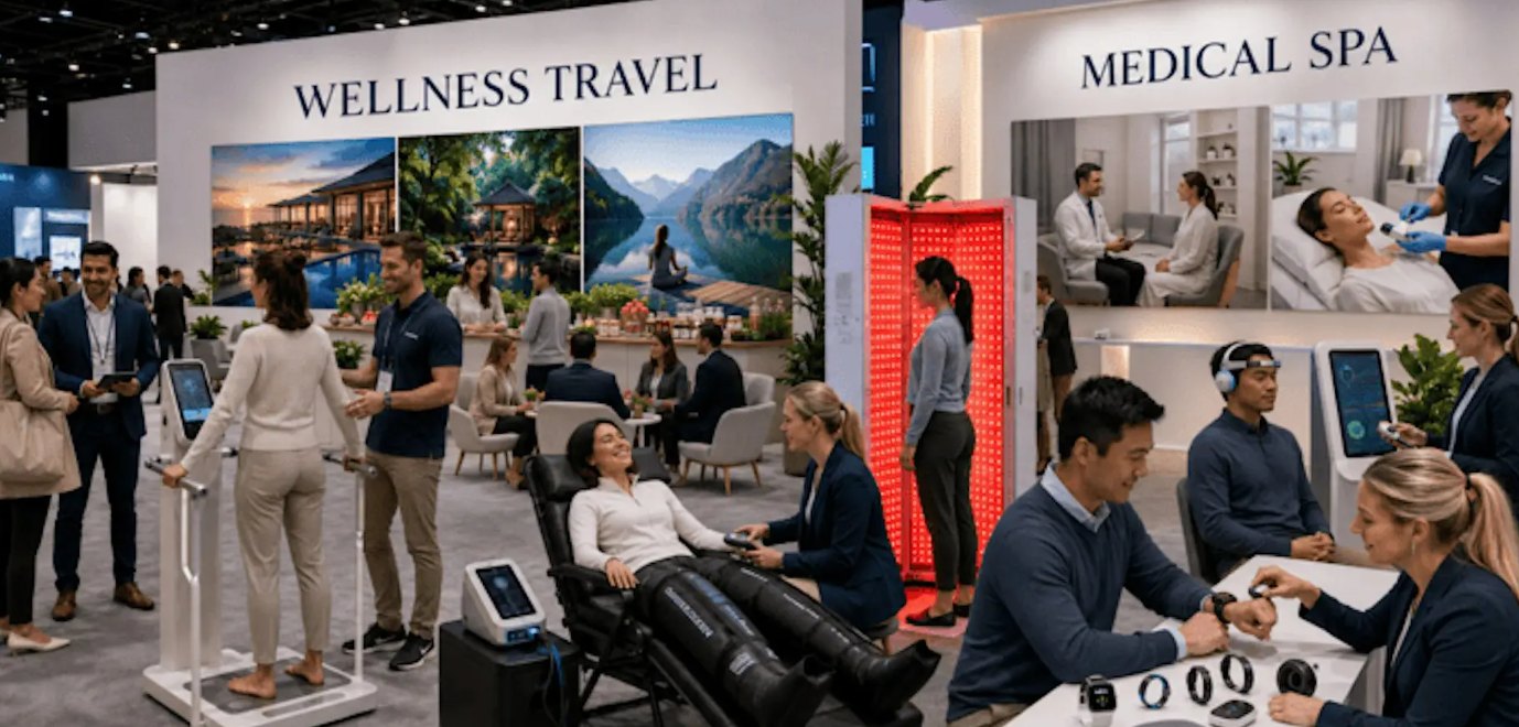 Future Health festival floor with wellness travel, medical spa, red-light therapy, recovery and wearable health technology stands