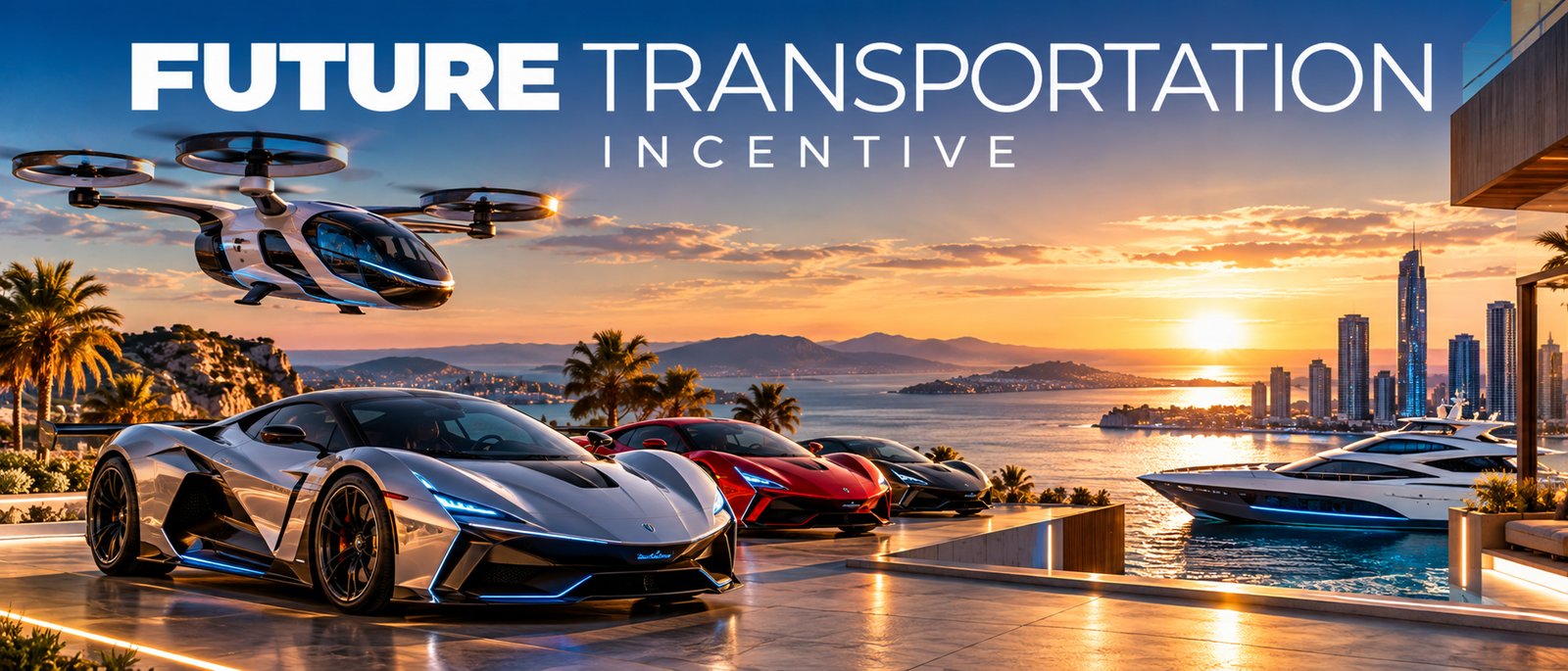 Future Transportation Incentive: supercars, air taxi and yacht at a waterfront skyline at sunset