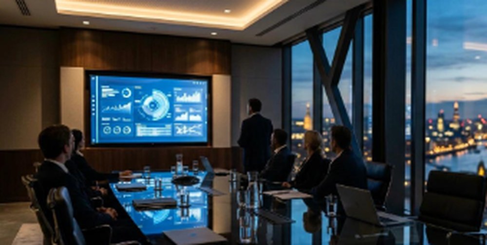 Investor roundtable in a skyline boardroom at night