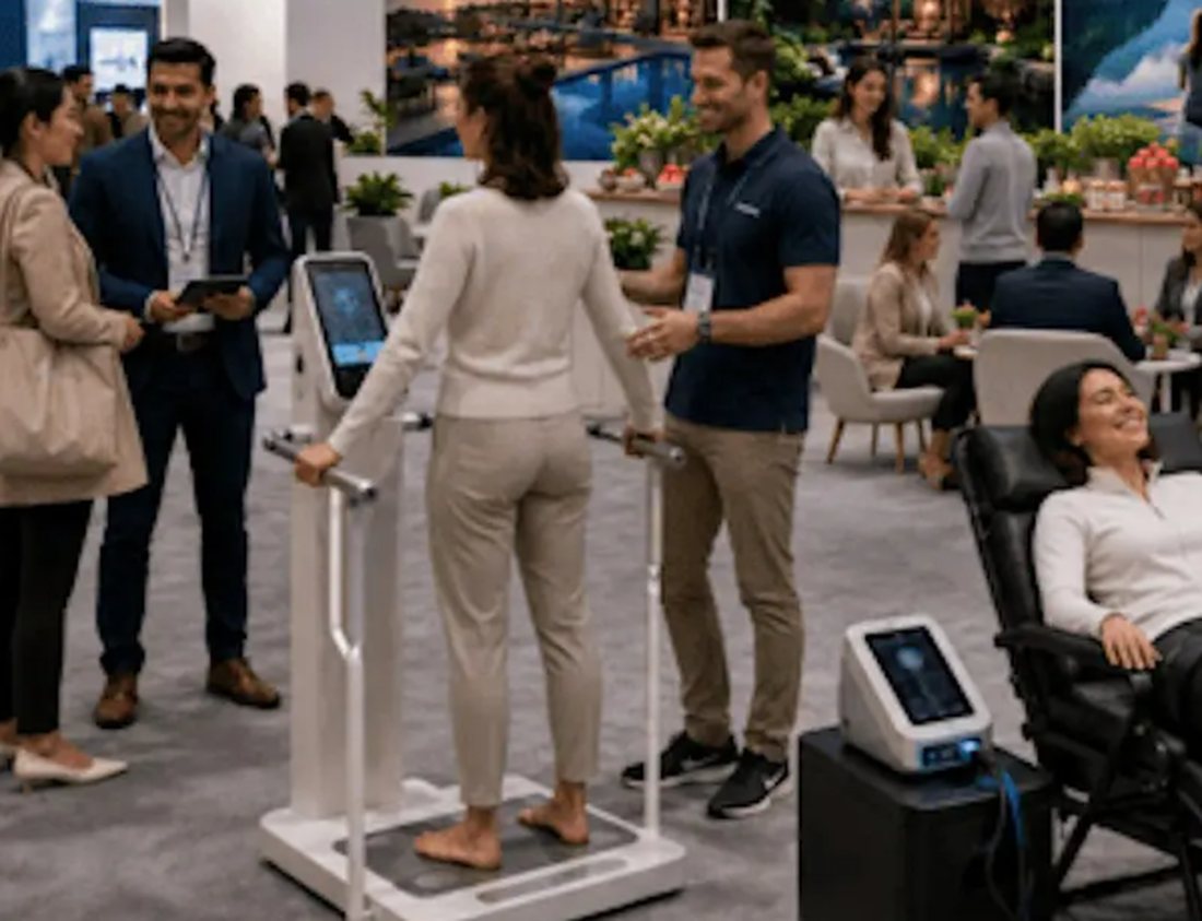 Team guiding visitors through health technology stands