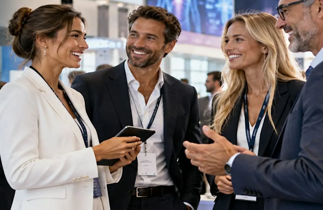 Smiling team members meeting partners at the medical congress