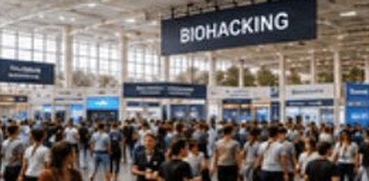Busy biohacking expo hall with visitors exploring stands
