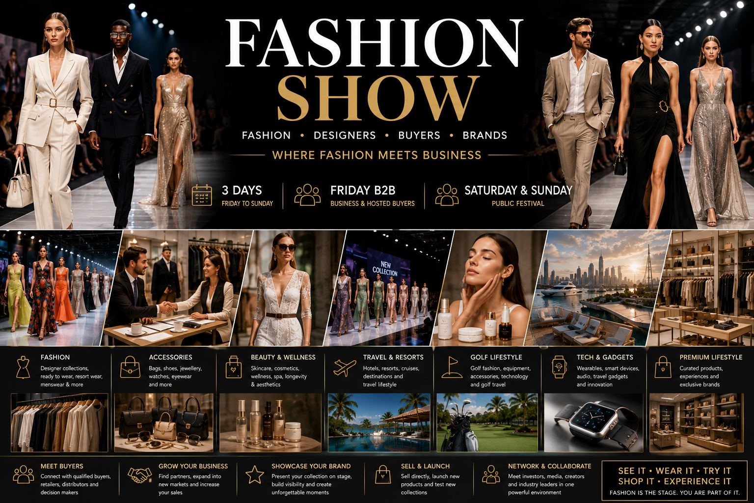 Fashion & Premium Lifestyle Show — runway, buyers, beauty, travel, golf and wearable tech