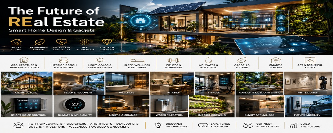 The Future of Real Estate — Smart Home Design & Gadgets: architecture, interiors, sleep and recovery, fitness, air and water, garden, smart and AI home, art