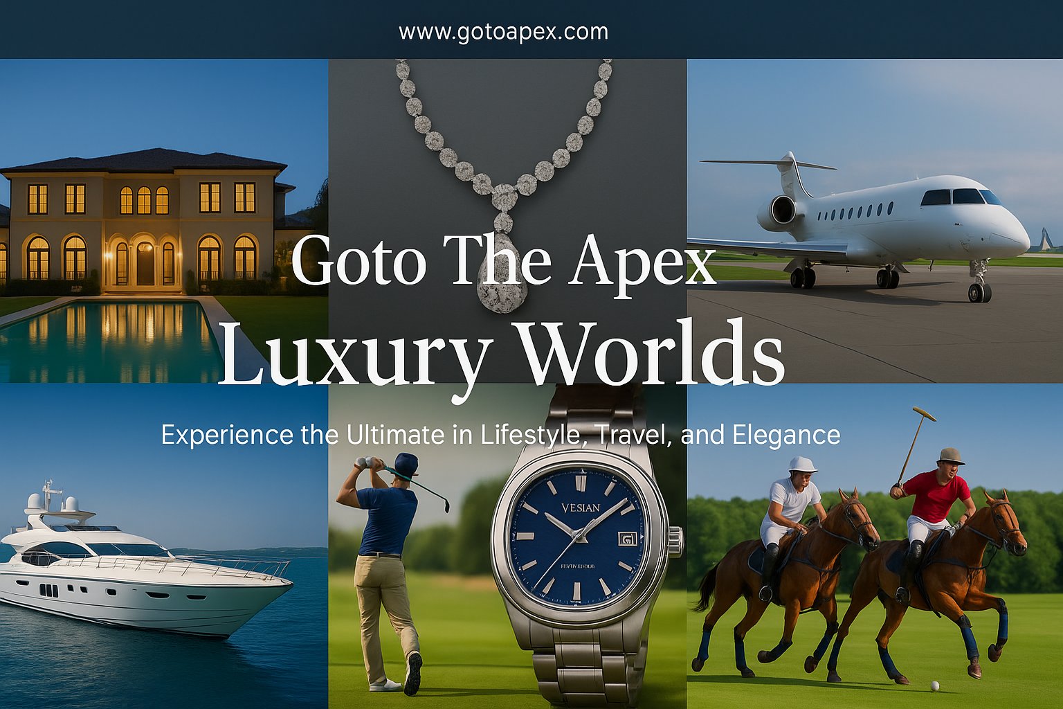 Goto The Apex Luxury Worlds — a villa with pool, a diamond necklace, a private jet, a yacht, a golfer, a luxury watch and polo players. Experience the ultimate in lifestyle, travel and elegance. www.gotoapex.com