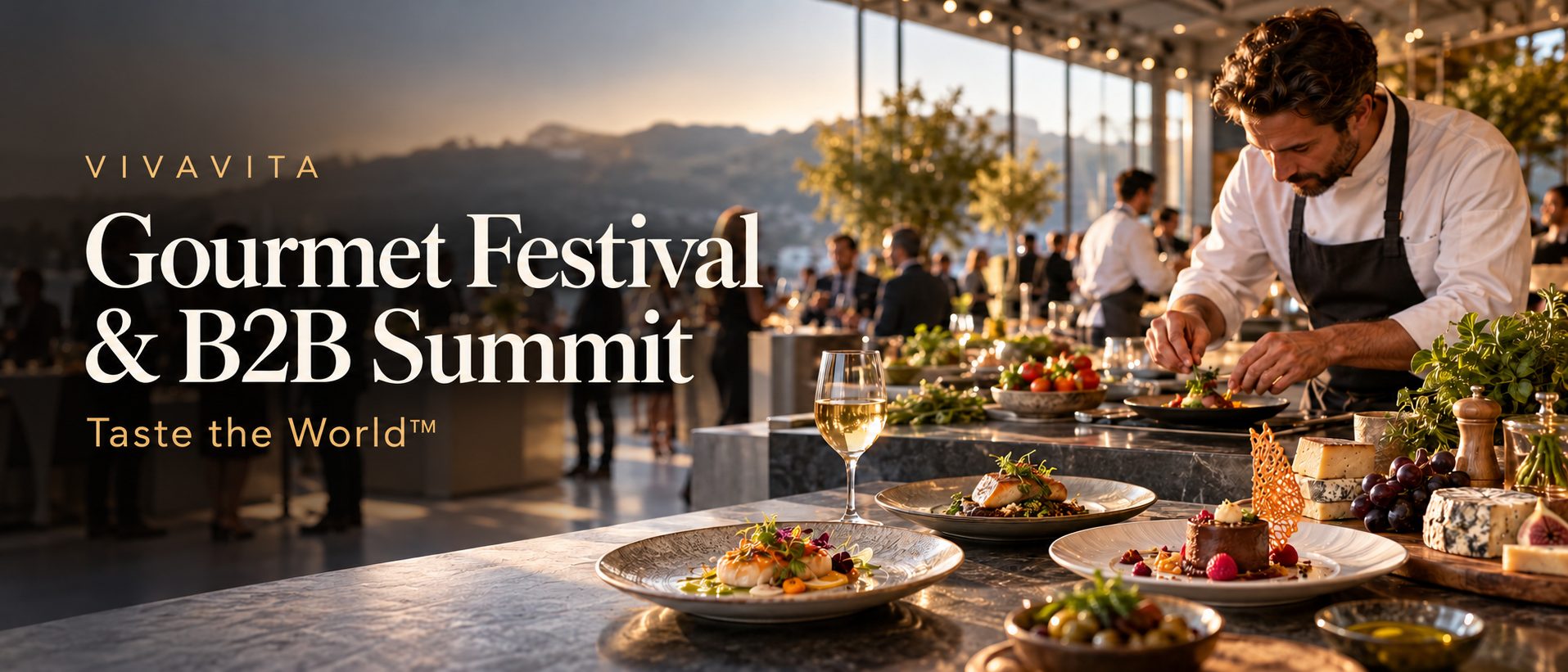 VIVAVITA Gourmet Festival & B2B Summit, Taste the World: a chef plating gourmet dishes at the festival with guests in the background