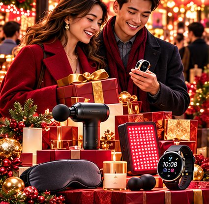 Shoppers with holiday gifts and wellness products