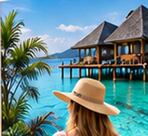 Overwater villas on a turquoise lagoon